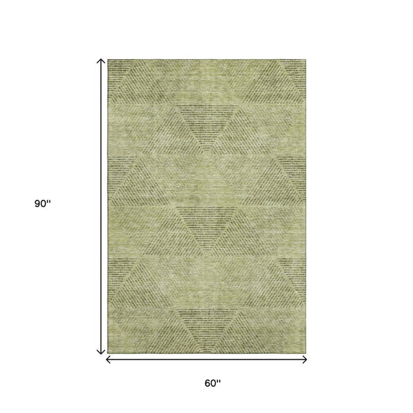 HomeRoots 5' Modern Geometric Artichoke Green, Gray & Silver Washable Area Rug with UV Protection & Durability 664830