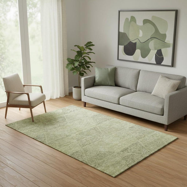 HomeRoots 5' Modern Geometric Artichoke Green, Gray & Silver Washable Area Rug with UV Protection & Durability 664830