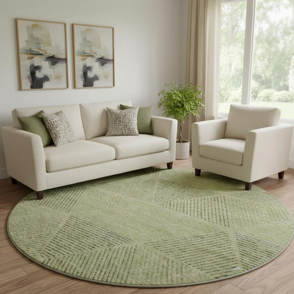 HomeRoots 8' Stylish Geometric Washable Round Rug in Artichoke Green, Gray & Silver with UV Protection & Durability 664831