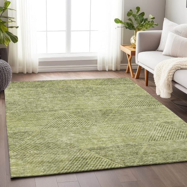 HomeRoots 9' X 12' Artichoke Green Gray Silver Geometric Area Rug – Durable, Washable & UV Protected Design! 664833