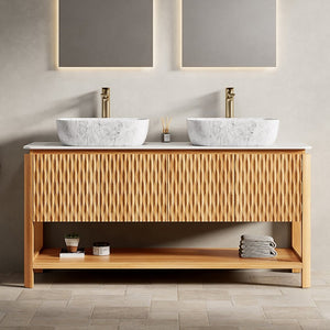 English Elm Dina 60 Inch Floating Bathroom Vanity Sintered Stone Top Dual Glass Basins Wood Grain W2615S00519