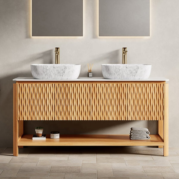 English Elm Dina 60 Inch Floating Bathroom Vanity Sintered Stone Top Dual Glass Basins Wood Grain W2615S00519