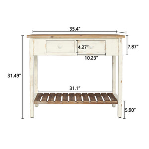 English Elm Vintage Two-Drawer Console Table Antique Natural Distressed Finish with Shelf, Sturdy Entryway Storage W2295P366795