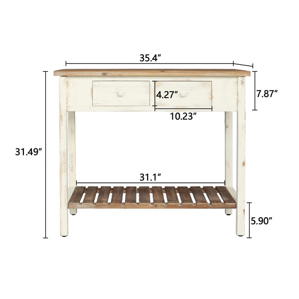 English Elm Vintage Two-Drawer Console Table Antique Natural Distressed Finish with Shelf, Sturdy Entryway Storage W2295P366795