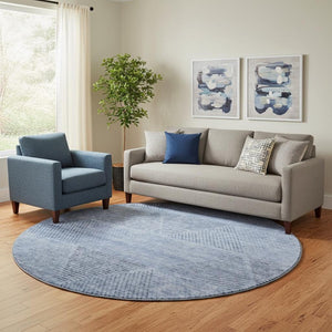 HomeRoots 8' Blue and Gray Geometric Round Rug - Washable, Stain Resistant with UV Protection for Durability 664837