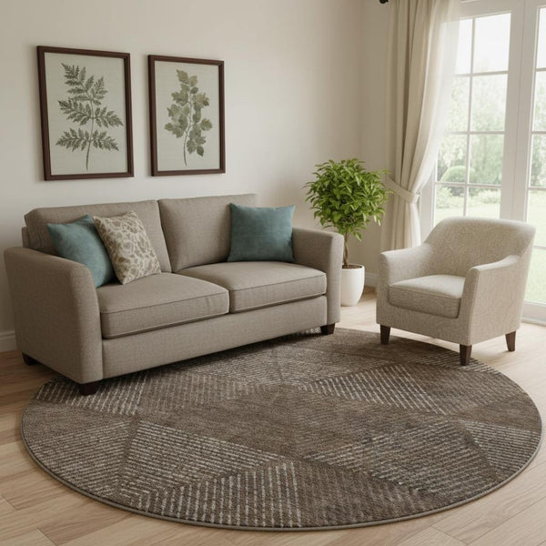 HomeRoots 8' Brown and Taupe Geometric Round Rug – Washable, UV Protected, Stylish & Durable for High-Traffic Areas 664843