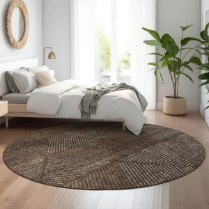 HomeRoots 8' Brown and Taupe Geometric Round Rug – Washable, UV Protected, Stylish & Durable for High-Traffic Areas 664843