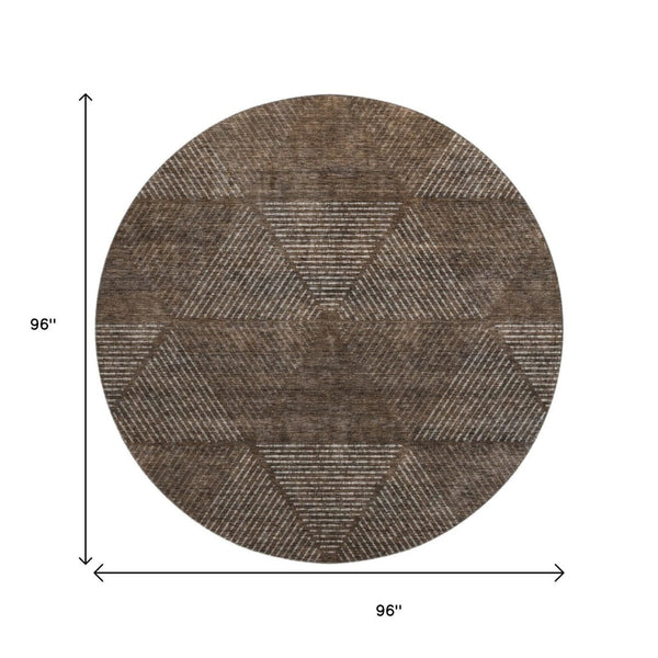HomeRoots 8' Brown and Taupe Geometric Round Rug – Washable, UV Protected, Stylish & Durable for High-Traffic Areas 664843