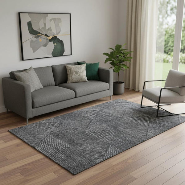 HomeRoots 5' X 8' Charcoal & Silver Geometric Area Rug - Washable, UV-Resistant, Perfect for Busy Homes! 664848