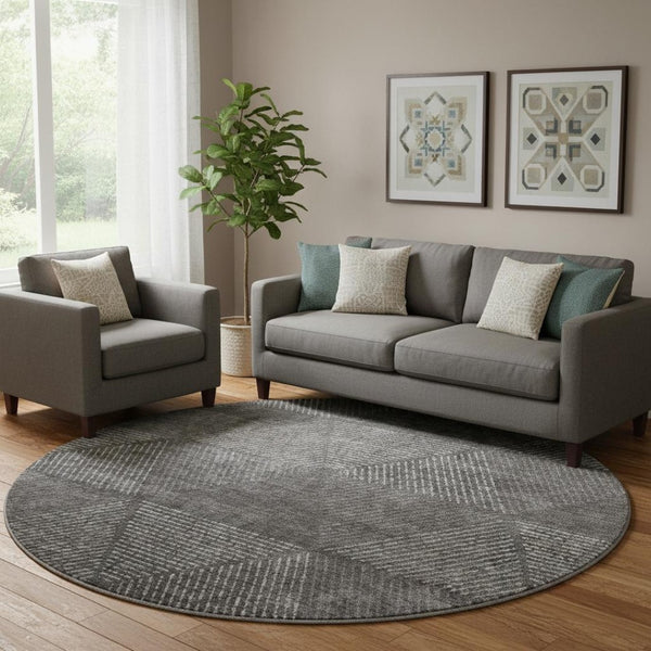 HomeRoots 8' Charcoal and Silver Geometric Washable Round Rug - Durable, Stylish, UV-Protected for Any Room 664849