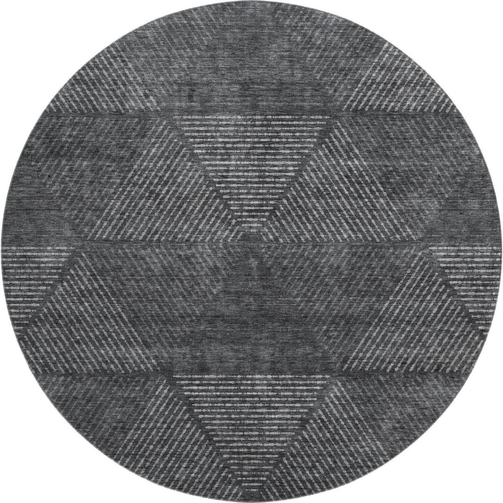 HomeRoots 8' Charcoal and Silver Geometric Washable Round Rug - Durable, Stylish, UV-Protected for Any Room 664849
