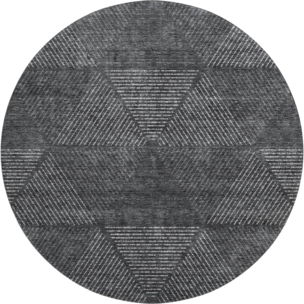 HomeRoots 8' Charcoal and Silver Geometric Washable Round Rug - Durable, Stylish, UV-Protected for Any Room 664849