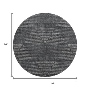 HomeRoots 8' Charcoal and Silver Geometric Washable Round Rug - Durable, Stylish, UV-Protected for Any Room 664849