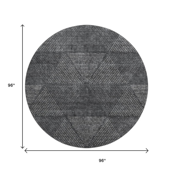 HomeRoots 8' Charcoal and Silver Geometric Washable Round Rug - Durable, Stylish, UV-Protected for Any Room 664849