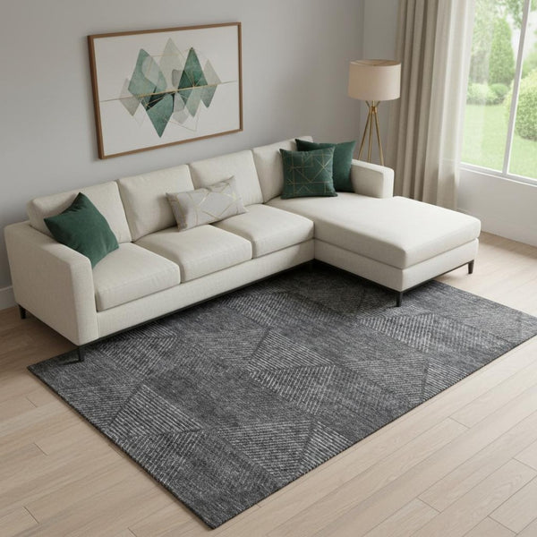 HomeRoots 8' X 10' Charcoal & Silver Geometric Area Rug – Washable, UV Protected, Perfect for Modern Living Spaces! 664850