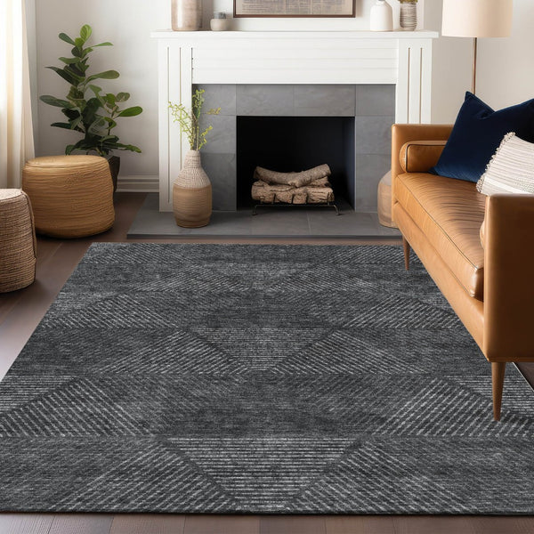 HomeRoots 10' X 14' Charcoal & Silver Geometric Washable Area Rug - Stylish, Durable, UV Protected Design! 664852