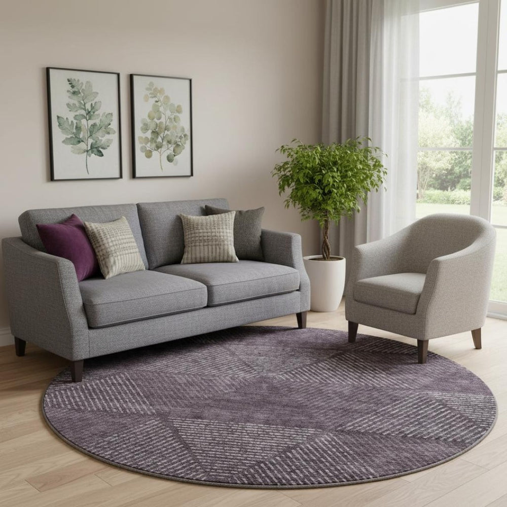 HomeRoots 8' Stylish Eggplant and Gray Geometric Round Rug - Washable, UV-Protected, and Perfect for Homes! 664861
