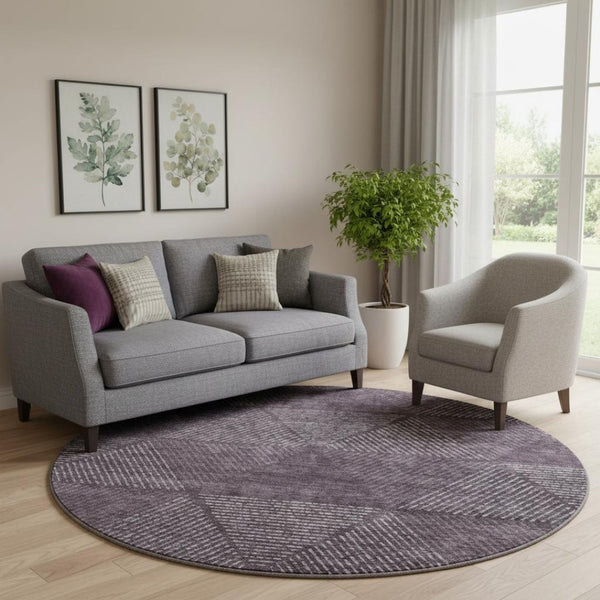 HomeRoots 8' Stylish Eggplant and Gray Geometric Round Rug - Washable, UV-Protected, and Perfect for Homes! 664861