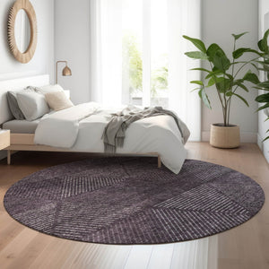 HomeRoots 8' Stylish Eggplant and Gray Geometric Round Rug - Washable, UV-Protected, and Perfect for Homes! 664861