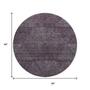 HomeRoots 8' Stylish Eggplant and Gray Geometric Round Rug - Washable, UV-Protected, and Perfect for Homes! 664861