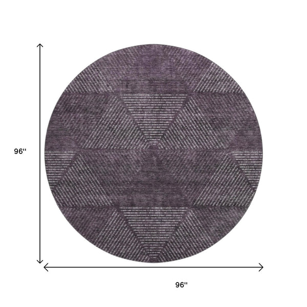 HomeRoots 8' Stylish Eggplant and Gray Geometric Round Rug - Washable, UV-Protected, and Perfect for Homes! 664861