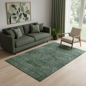 HomeRoots 5' X 8' Fern Green & Emerald Geometric Rug - Washable, UV Protected, Stain Resistant for Busy Homes 664866