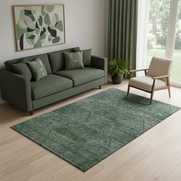 HomeRoots 5' X 8' Fern Green & Emerald Geometric Rug - Washable, UV Protected, Stain Resistant for Busy Homes 664866