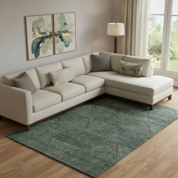 HomeRoots 10' X 14' Stylish Fern Green Geometric Area Rug – Washable, UV Protected, Perfect for Family Spaces! 664870
