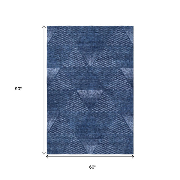 HomeRoots 5' X 8' Navy Blue & Ivory Geometric Area Rug - Washable, UV-Protected, Durable & Stylish Design 664872
