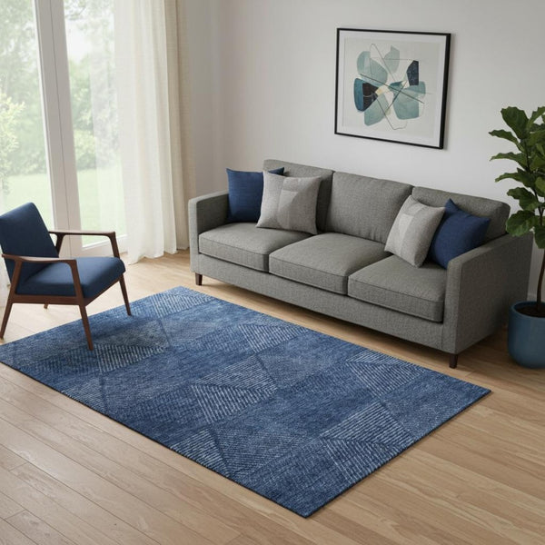 HomeRoots 5' X 8' Navy Blue & Ivory Geometric Area Rug - Washable, UV-Protected, Durable & Stylish Design 664872