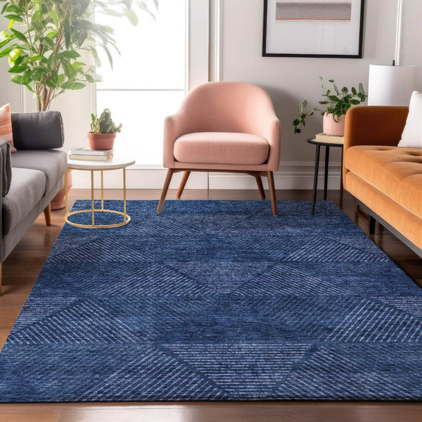 HomeRoots 5' X 8' Navy Blue & Ivory Geometric Area Rug - Washable, UV-Protected, Durable & Stylish Design 664872