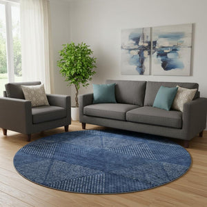 HomeRoots 8' Navy Blue & Ivory Geometric Washable Round Rug - Stain Resistant, UV Protected, Modern Style! 664873