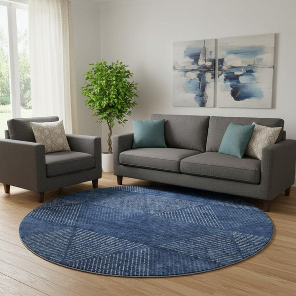 HomeRoots 8' Navy Blue & Ivory Geometric Washable Round Rug - Stain Resistant, UV Protected, Modern Style! 664873