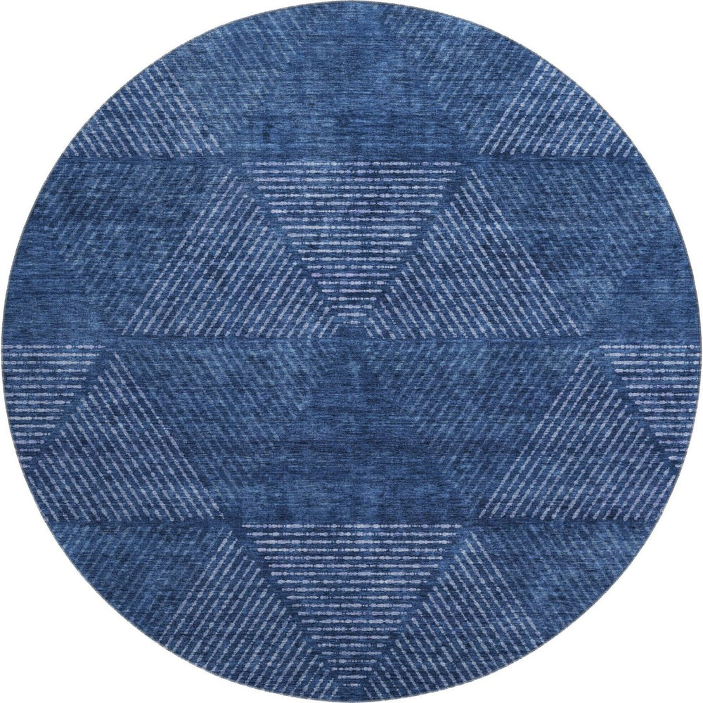 HomeRoots 8' Navy Blue & Ivory Geometric Washable Round Rug - Stain Resistant, UV Protected, Modern Style! 664873