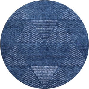 HomeRoots 8' Navy Blue & Ivory Geometric Washable Round Rug - Stain Resistant, UV Protected, Modern Style! 664873