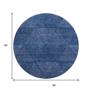 HomeRoots 8' Navy Blue & Ivory Geometric Washable Round Rug - Stain Resistant, UV Protected, Modern Style! 664873