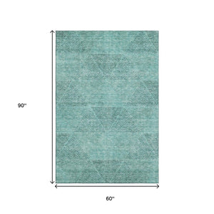 HomeRoots 5' X 8' Stylish Teal & Gray Geometric Washable Area Rug with UV Protection for High-Traffic Rooms 664884