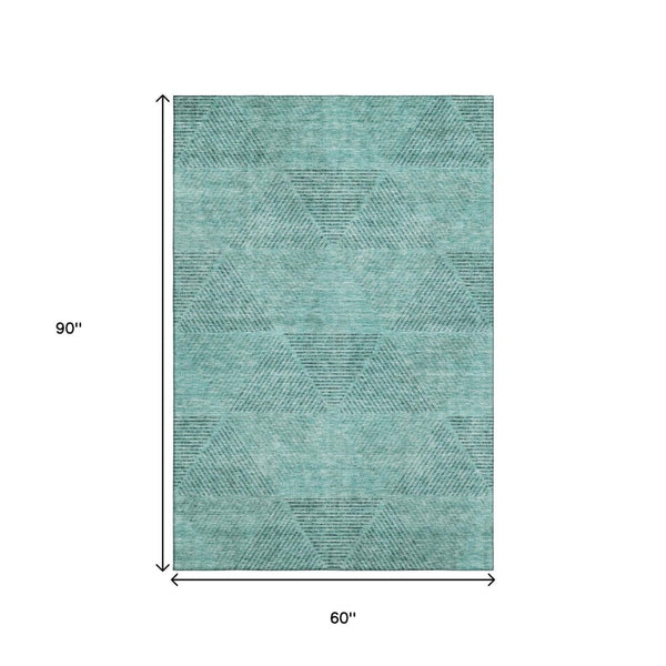 HomeRoots 5' X 8' Stylish Teal & Gray Geometric Washable Area Rug with UV Protection for High-Traffic Rooms 664884