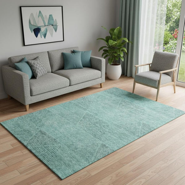 HomeRoots 5' X 8' Stylish Teal & Gray Geometric Washable Area Rug with UV Protection for High-Traffic Rooms 664884
