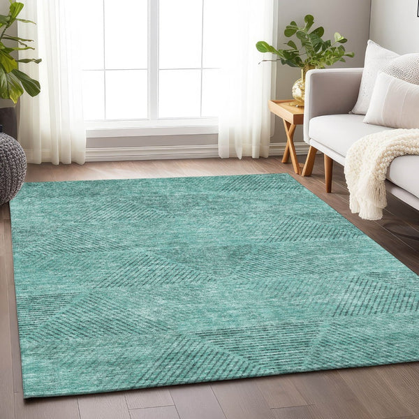 HomeRoots 5' X 8' Stylish Teal & Gray Geometric Washable Area Rug with UV Protection for High-Traffic Rooms 664884