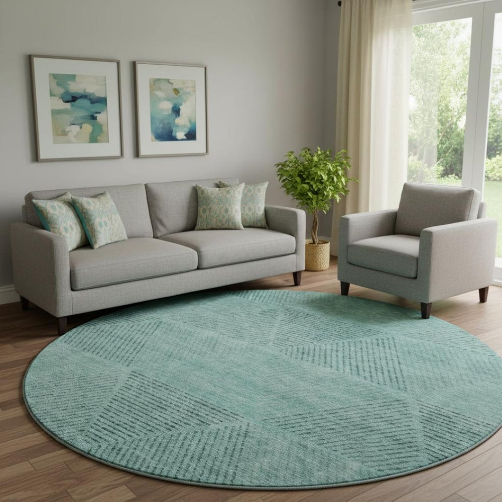 HomeRoots 8' Teal and Gray Geometric Round Rug - Washable, UV-Protected, Stylish Design for Modern Homes 664885