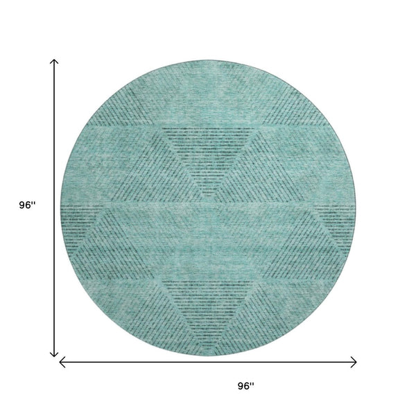 HomeRoots 8' Teal and Gray Geometric Round Rug - Washable, UV-Protected, Stylish Design for Modern Homes 664885