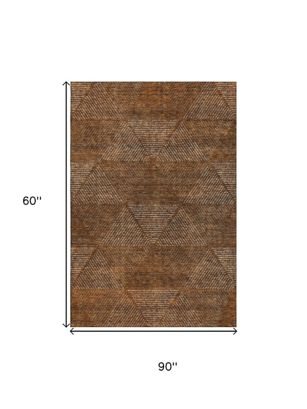 HomeRoots 5' X 8' Stylish Washable Terra Cotta, Beige & Gray Geometric Area Rug with UV Protection for Homes 664890