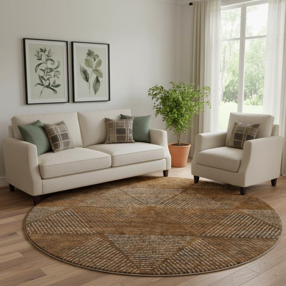 HomeRoots 8' Stylish Geometric Washable Round Rug in Terra Cotta, Beige & Gray with UV Protection & Durability 664891