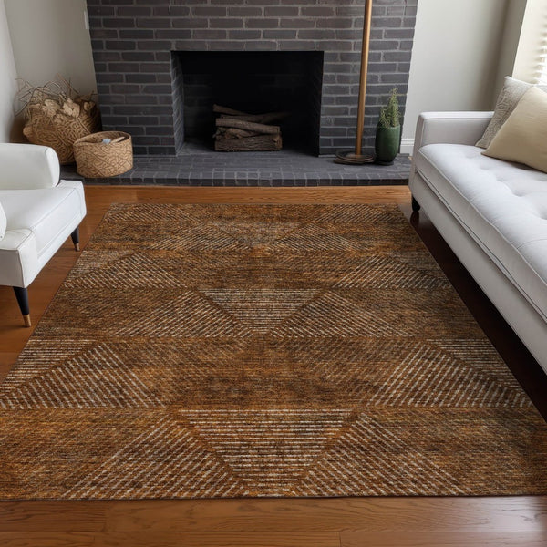 HomeRoots 8' X 10' Contemporary Geometric Area Rug in Terra Cotta, Beige & Gray – Washable & UV Protected! 664892