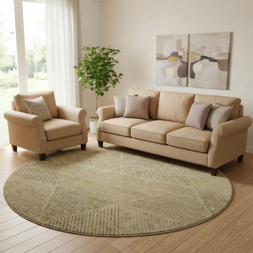 HomeRoots 8' Modern Wheat and Beige Geometric Round Rug - Washable, UV-Protected, Durable for Family Spaces 664897