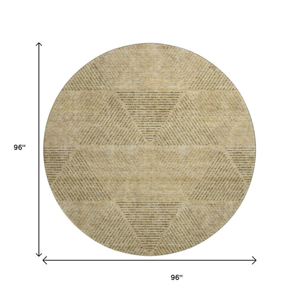 HomeRoots 8' Modern Wheat and Beige Geometric Round Rug - Washable, UV-Protected, Durable for Family Spaces 664897