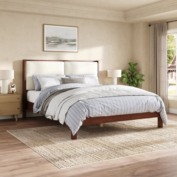 English Elm Solid Wood Queen Platform Bed Velvet Tufted Headboard Architectural Slat Design Espresso N7090000742P