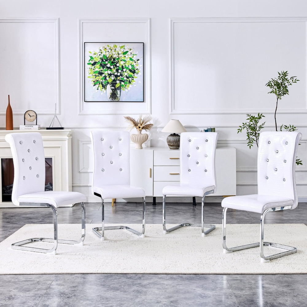 English Elm Set of 2 Glam Faux Alligator Pvc Dining Chairs with Crystal Buckle Bow Legs White W3875P371061