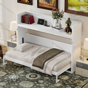 English Elm Twin XL Murphy Bed with Desk, LED Lighting and USB Charging Station — Space-Saving Solid Pine Design White N7090005001W